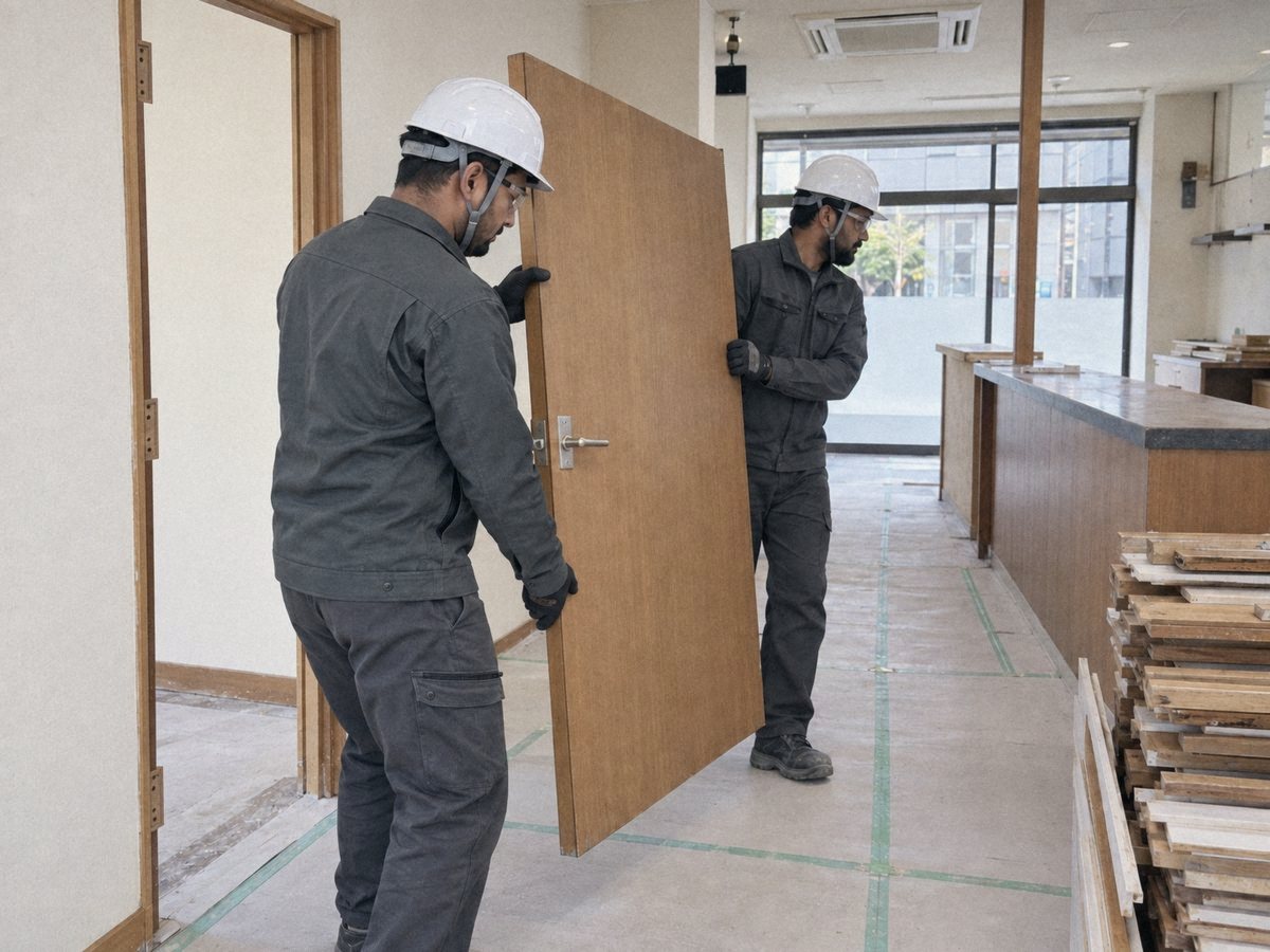 店舗の建具を二人で取り外して運び出す内装解体の作業